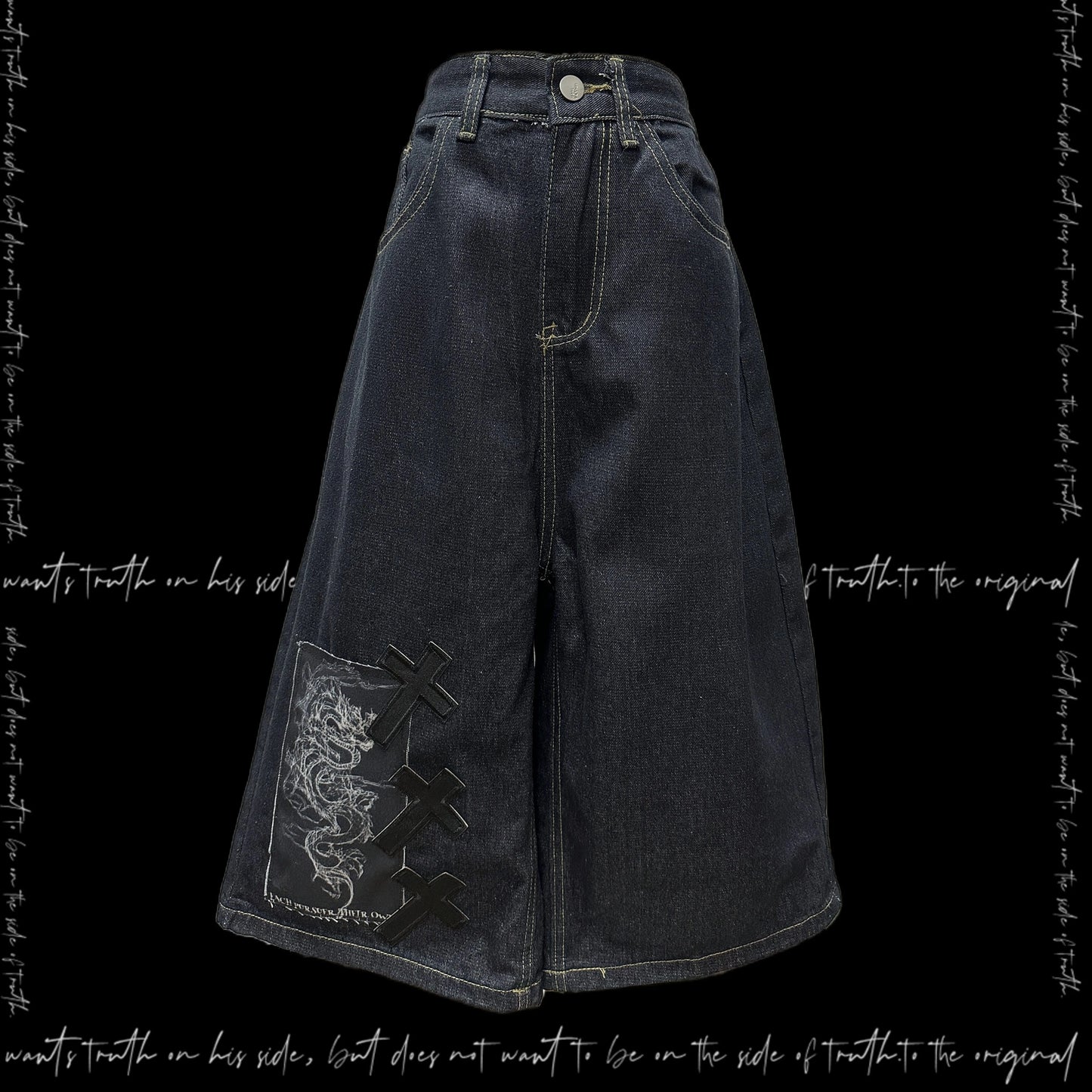 Patchwork Wide Leg Half Denim Jeans & Belt & Chain WN20127