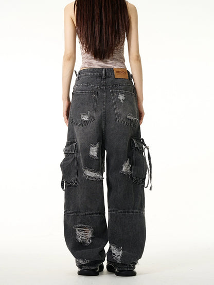 Large Pocket Wide-Leg Cargo Denim Jeans WN7590