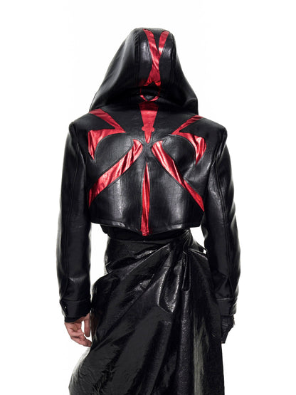 Bat Hat Design PU Leather Hooded Short Jacket WN20926