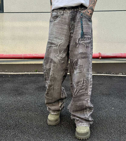 3D Print Damage Wide Leg Denim Jeans WN21156
