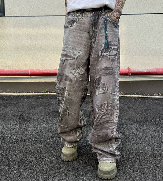 3D Print Damage Wide Leg Denim Jeans WN21156