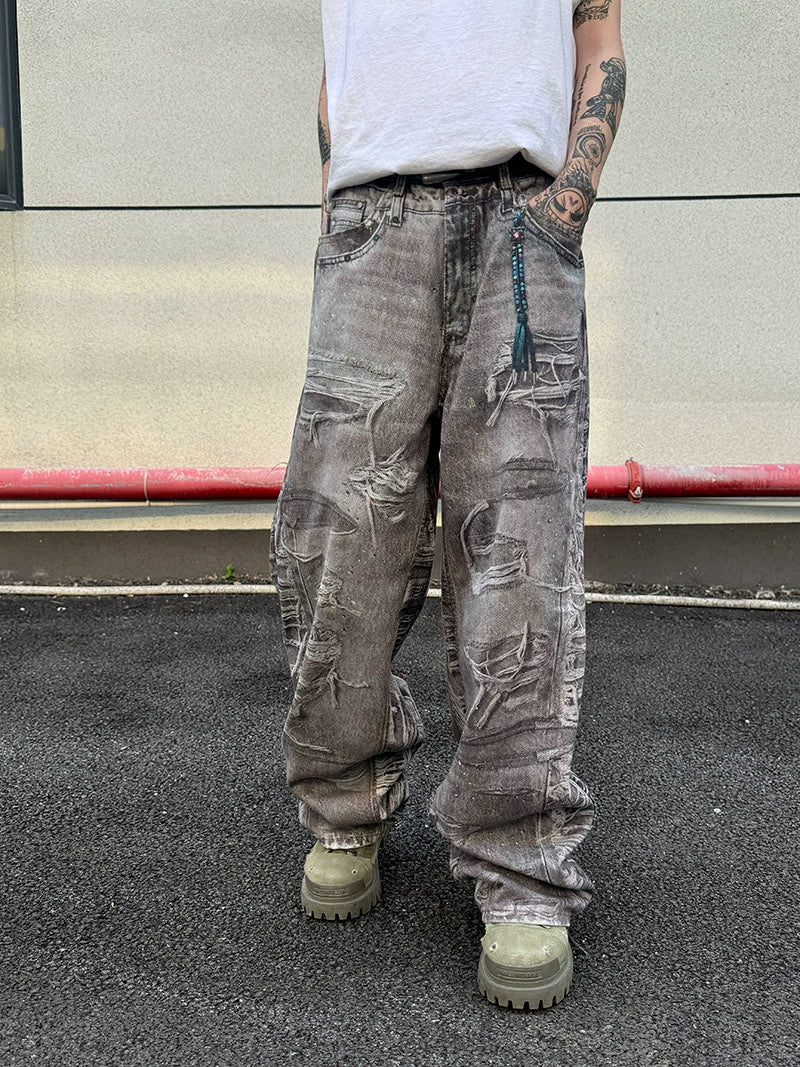 3D Print Damage Wide Leg Denim Jeans WN21156