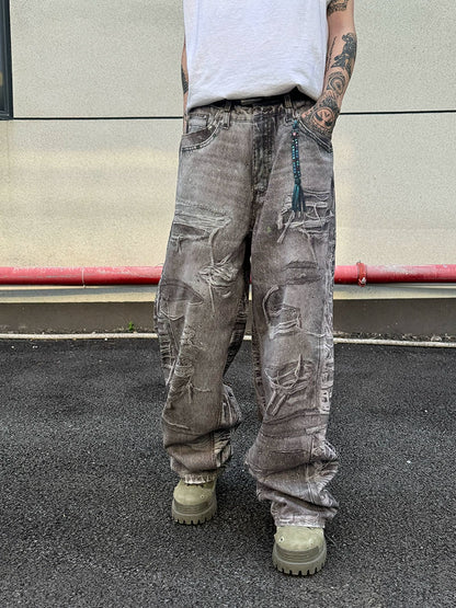 3D Print Damage Wide Leg Denim Jeans WN21156
