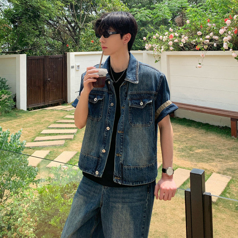 Washed Denim Short Sleeve Jacket & Wide Leg Denim Jeans Setup WN25033