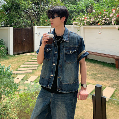 Washed Denim Short Sleeve Jacket & Wide Leg Denim Jeans Setup WN25033