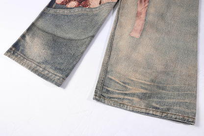 Washed 3D Graphic Print Wide Leg Denim Jeans WN26139