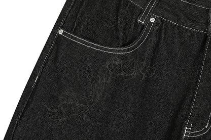 Contrast Stitch Bandana Patch Wide Leg Denim Jeans WN25979
