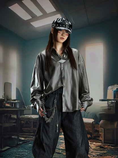 Glossy Oversize Long Sleeve Shirt WN20567