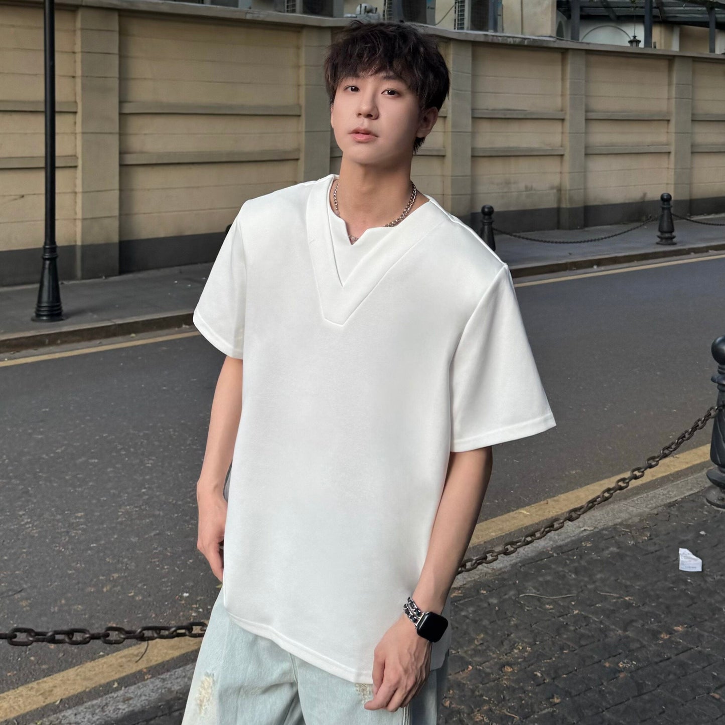 Shoulder-Pad V-Neck Short Sleeve T-Shirt WN25169