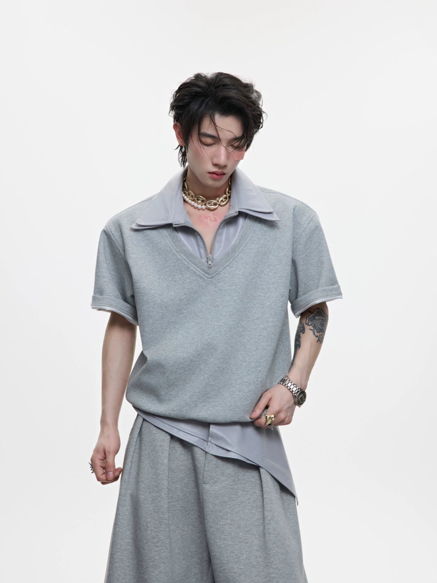 Glossy Double Collar Fake Layered Short Sleeve T-Shirt & Wide Leg Pants Setup WN18371