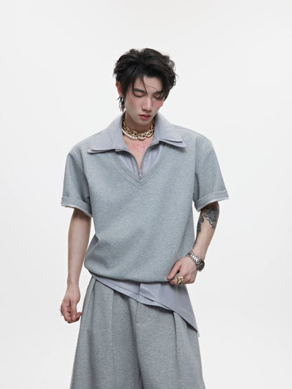 Glossy Double Collar Fake Layered Short Sleeve T-Shirt & Wide Leg Pants Setup WN18371