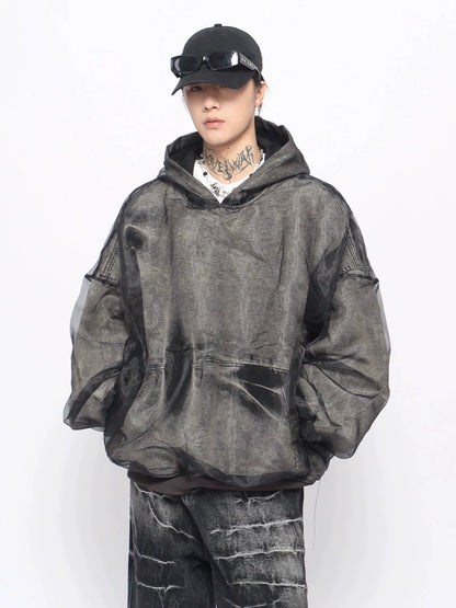 Mesh Layered Washed Denim Hoodie WN10907