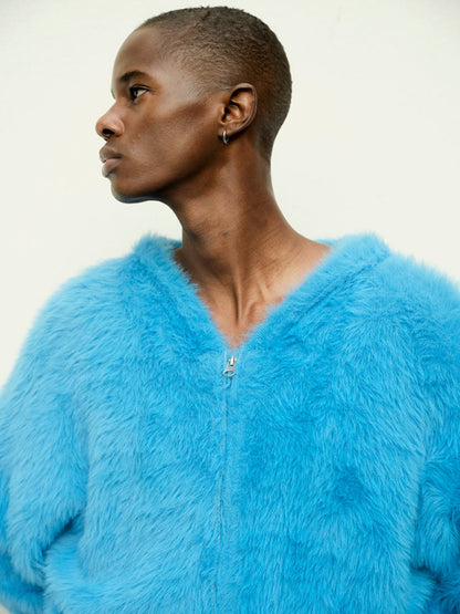 Oversize Zipper Fake Fur Short Knit Hoodie WN21319