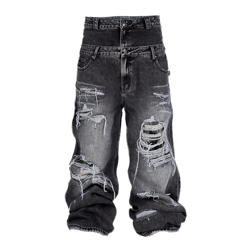 Wide Leg Damage Double Waist Denim Jeans WN26640