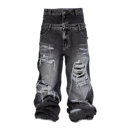 Wide Leg Damage Double Waist Denim Jeans WN26640