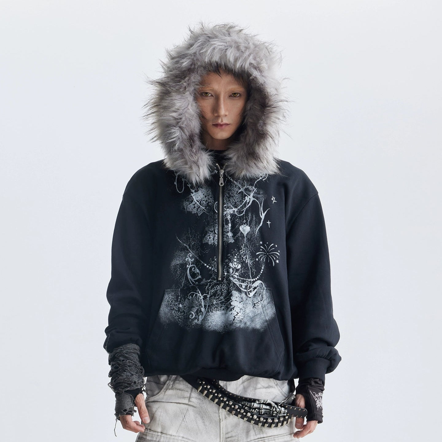 Fake Fur Art Print Oversize Half Zipper Hoodie WN20804