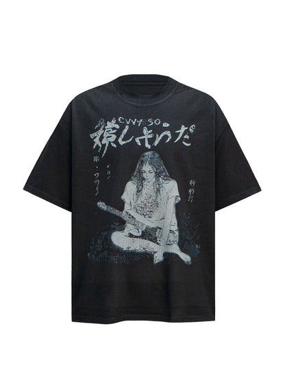 Waffle Portrait Print Oversize Short Sleeve T-Shirt WN26388