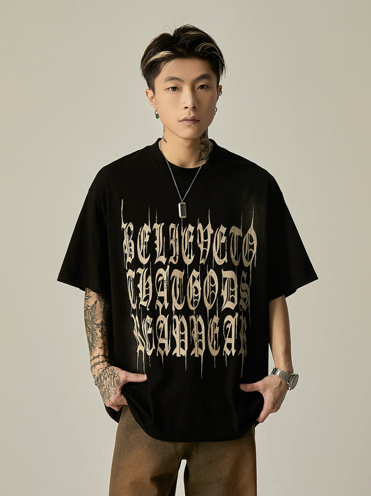 Gothic Letter Print Oversize Short Sleeve T-Shirt WN6270