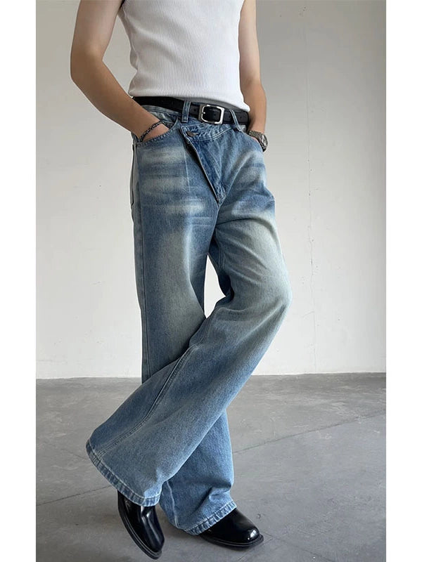 Asymmetrical Waist Washed Denim Jeans WN19329