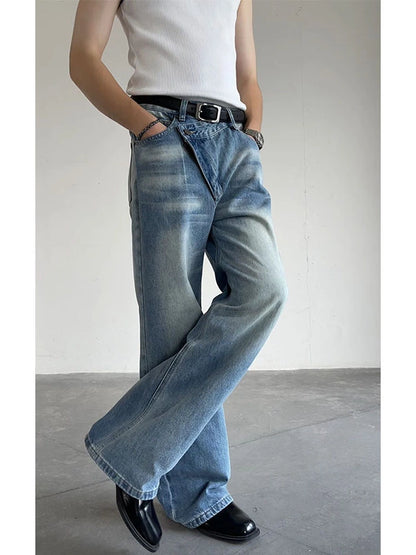 Asymmetrical Waist Washed Denim Jeans WN19329