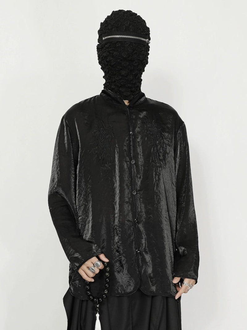 Organza Floral Embroidery Standing-Collar Long Sleeve Shirt WN20175