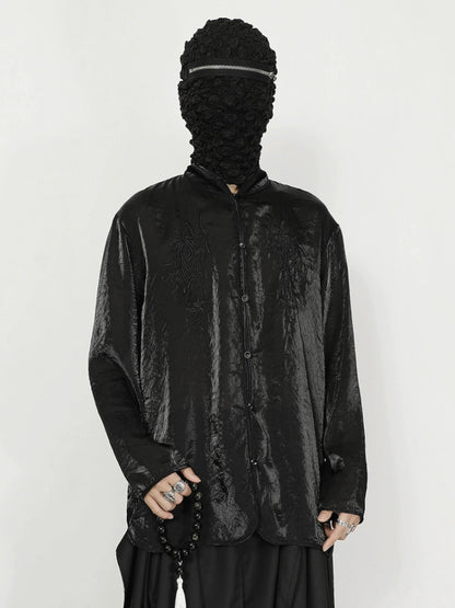 Organza Floral Embroidery Standing-Collar Long Sleeve Shirt WN20175