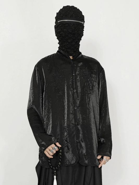 Organza Floral Embroidery Standing-Collar Long Sleeve Shirt WN20175