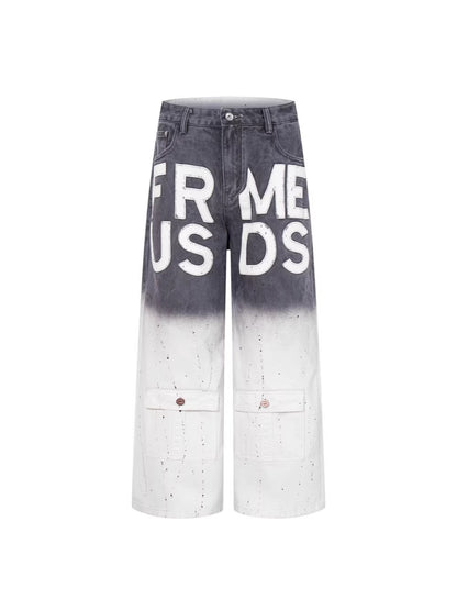 Gradient Paint Letter Graphic Wide Leg Denim Jeans WN28027