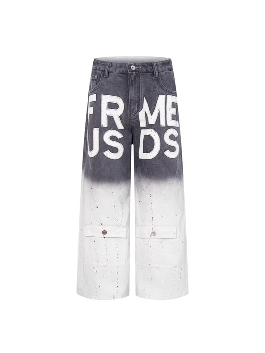 Gradient Paint Letter Graphic Wide Leg Denim Jeans WN28027