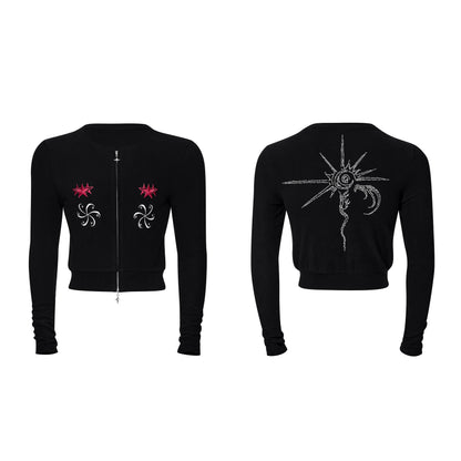 Warm Velour Hand Embroidery Short Zipper Hoodie & Cardigan WN21831