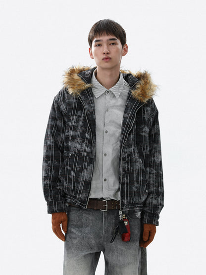 Tie-Dye Fake Fur-Collar Hooded Jacket WN22115