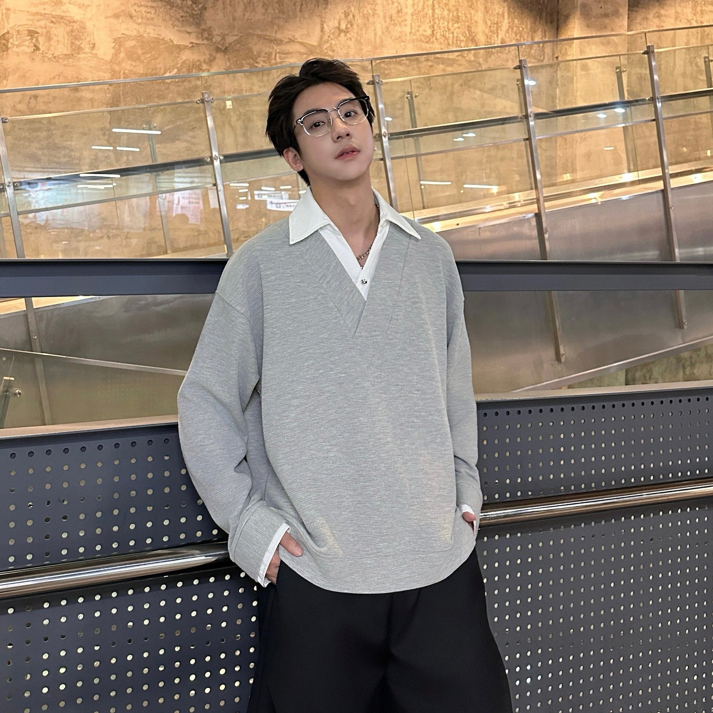 Fake Layered V-Neck Long Sleeve T-Shirt WN25202