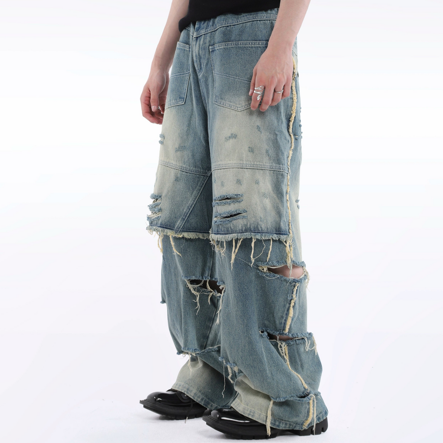 Fringe Damage Wide Leg Denim Jeans WN20638