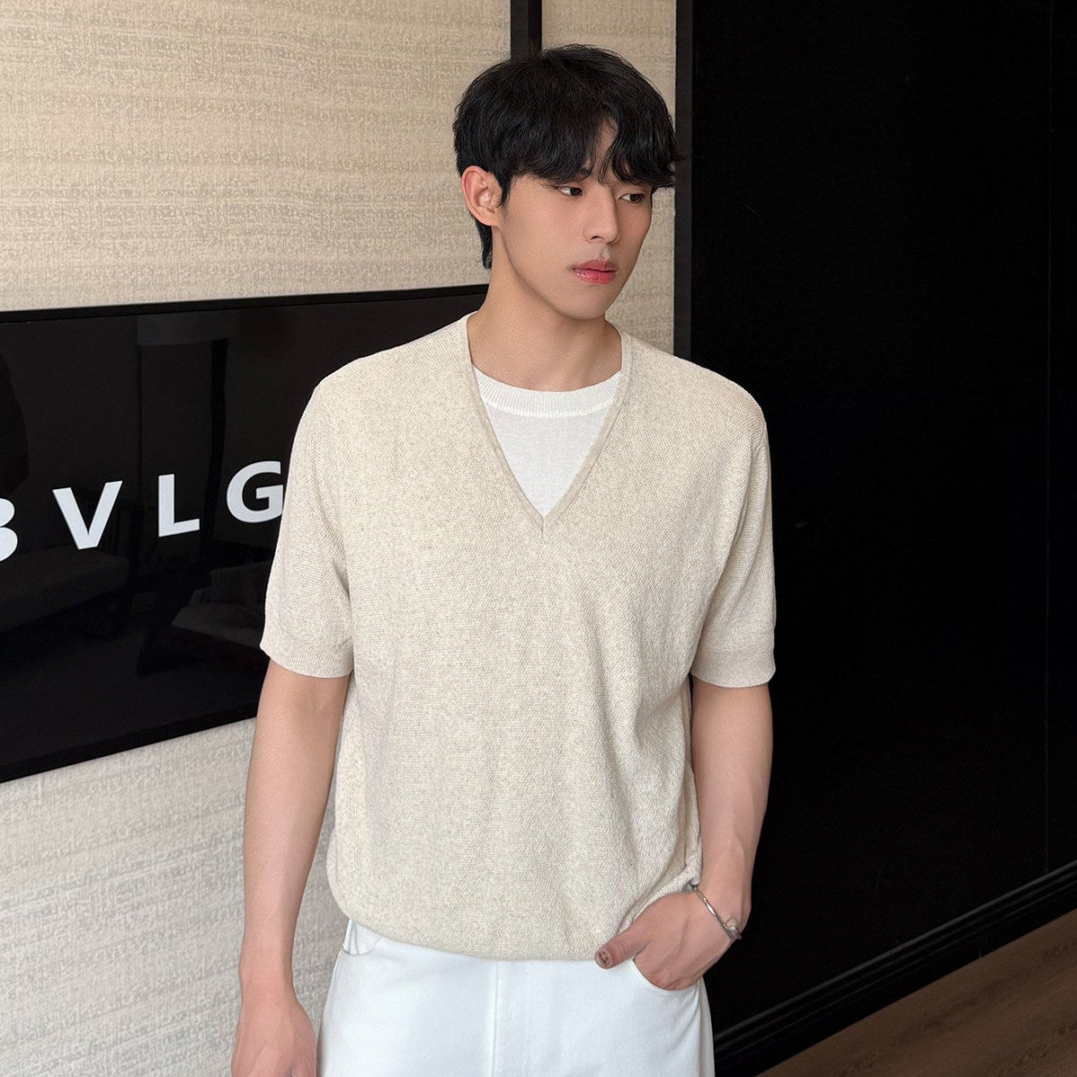 Fake Layered V-Neck Short Sleeve Summer Knit Sweater WN25035