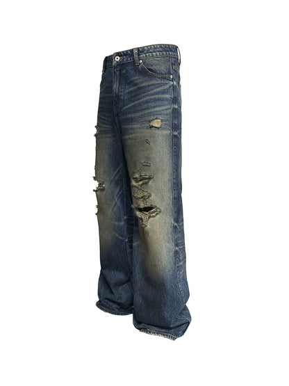 Damage Wide-Leg Straight Denim Jeans WN8556