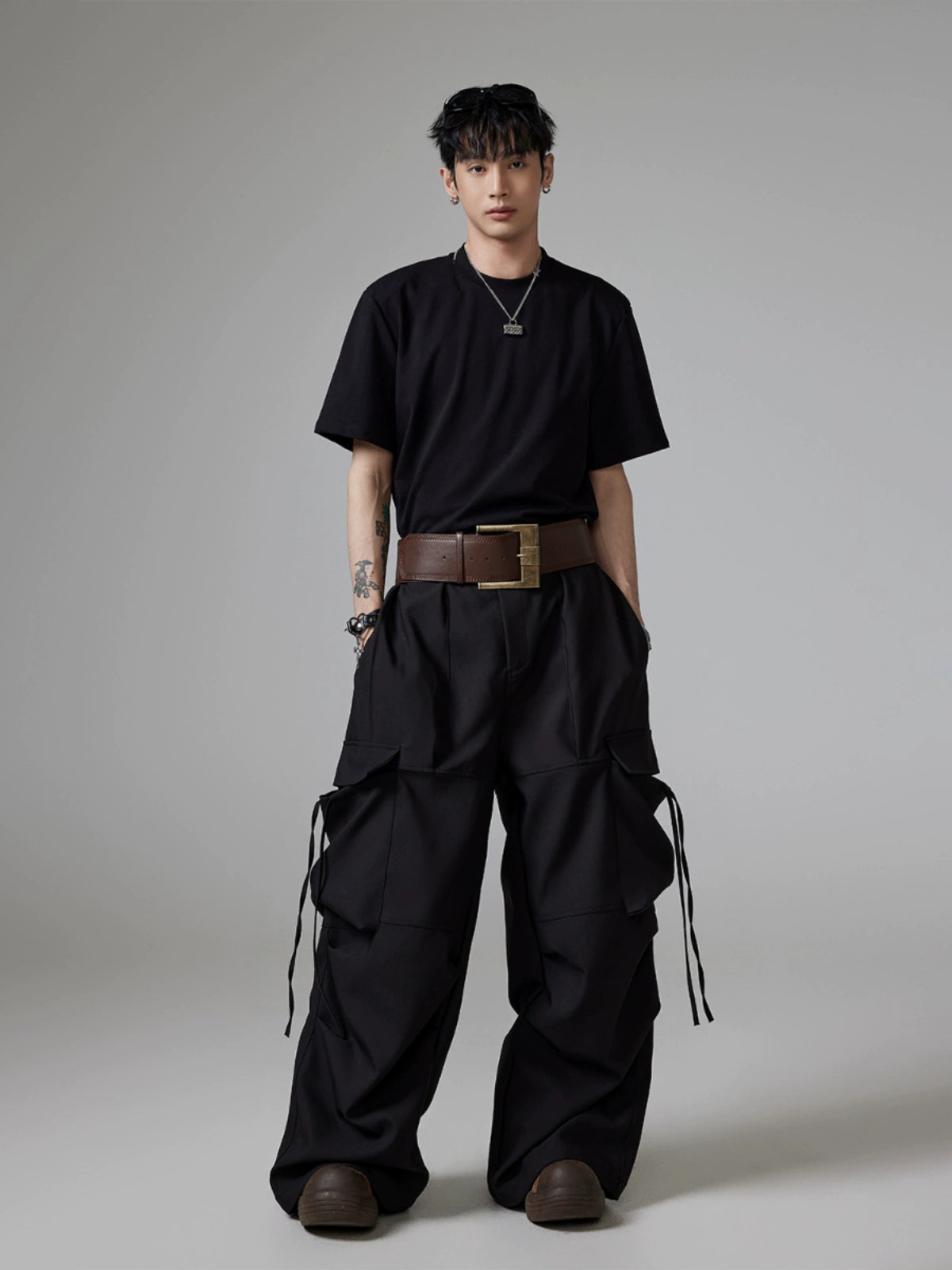 Drawstring Ruched Draped Multi-Pocket Wide-Leg Cargo Pants WN13352