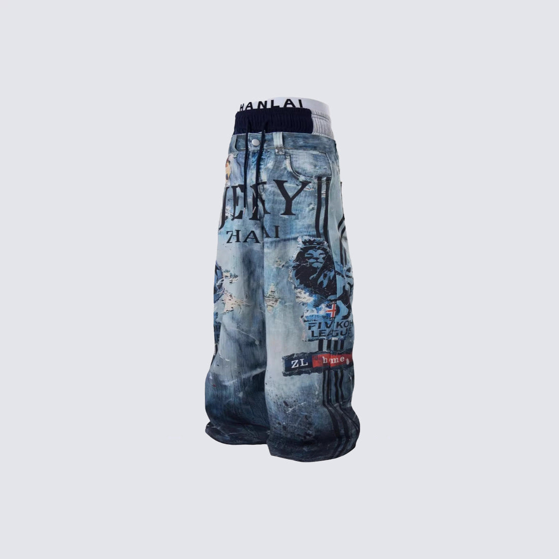 Acid Wash Fake Layered 3D Print Ripped Wide Leg Denim Jean WN27879