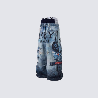 Acid Wash Fake Layered 3D Print Ripped Wide Leg Denim Jean WN27879