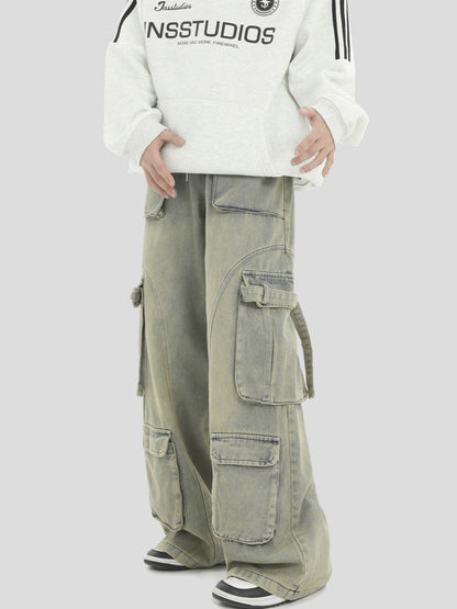 Elastic Waist Wide Leg Cargo Denim Jeans WN7197