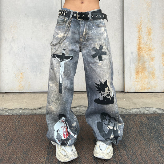3D Print Wide Leg Denim Jeans WN24098