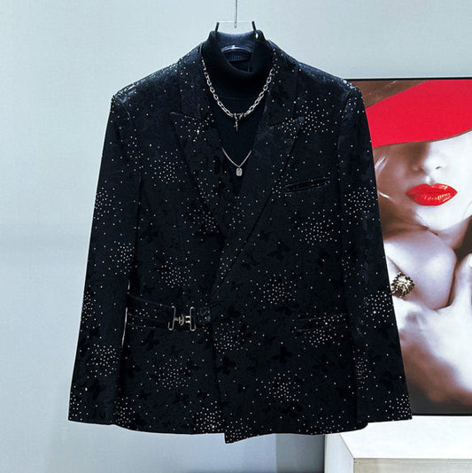Rhinestone Jacquard Shoulder-Pad Tailored Jacket WN23874