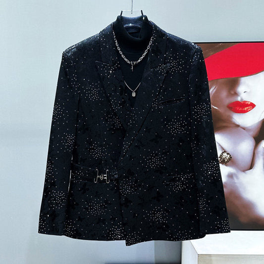 Rhinestone Star Butterfly Jacquard Tailored Jacket & Trousers Setup WN23905