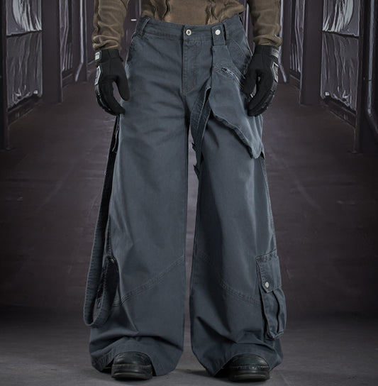 Detachable Hip Bag Ribbon Patchwork Multi Pocket Straight Cargo Pants WN22915