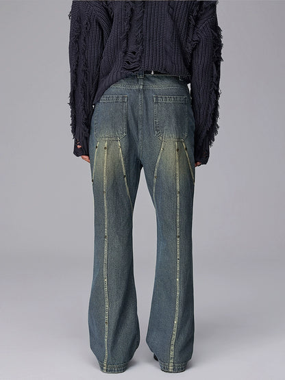 Wash Rivet Patchwork Flare Denim Jeans WN17931