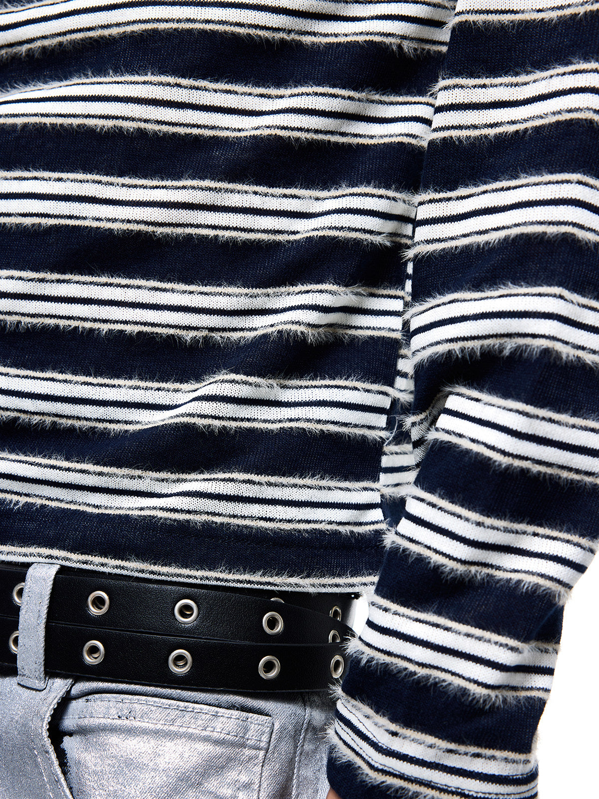 Stripe Detachable Fake Fur Collar Embroidery Long Sleeve T-Shirt WN27357