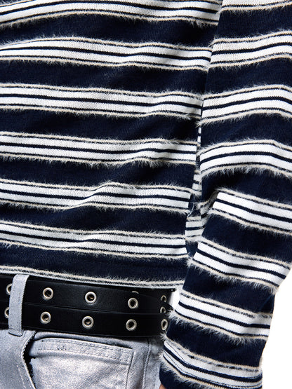 Stripe Detachable Fake Fur Collar Embroidery Long Sleeve T-Shirt WN27357