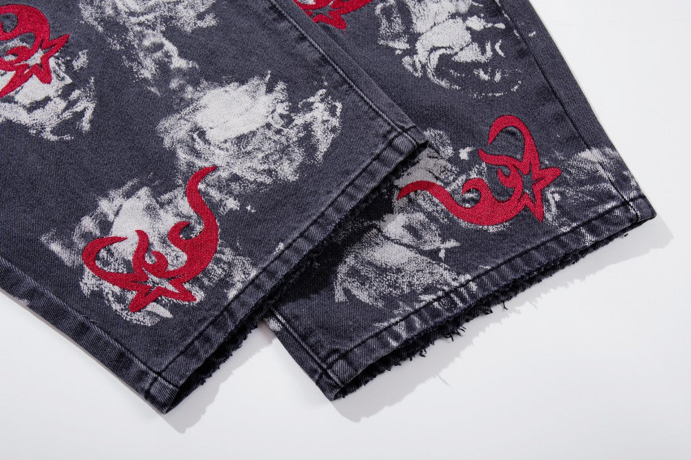 Washed Graphic Print Wide Leg Denim Jeans WN27794