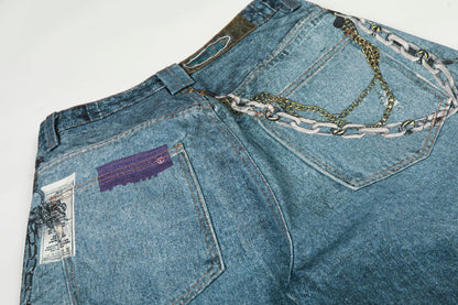Washed 3D Print Curved Wide Leg Denim Jeans WN25920