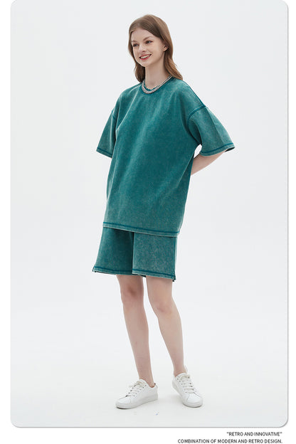 Oversize Washed Short-sleeve T-shirt & Washed Short Sweatpants Setup WN6612