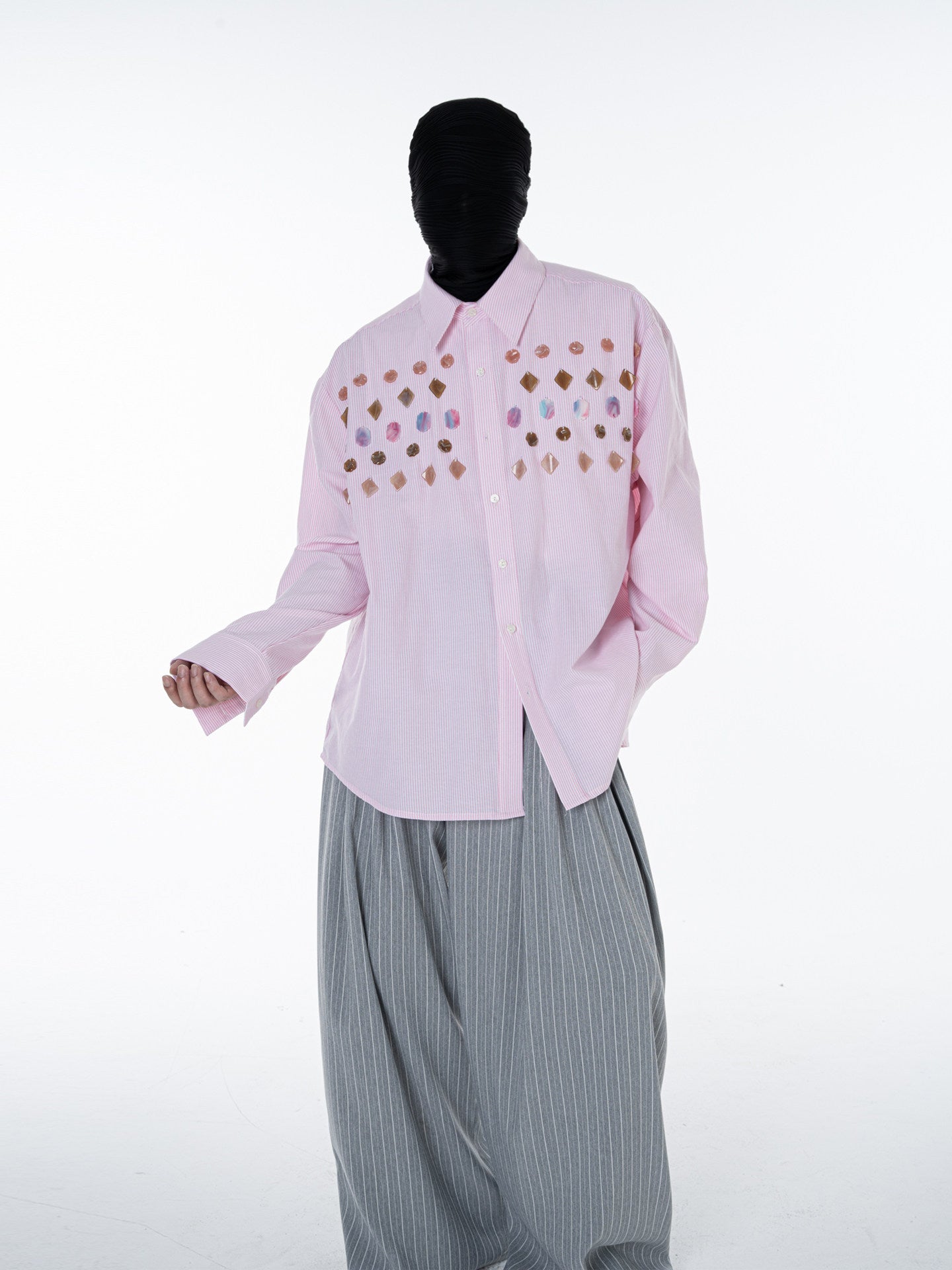 Stripe Gem Embroidery Design Long Sleeve Shirt WN23625